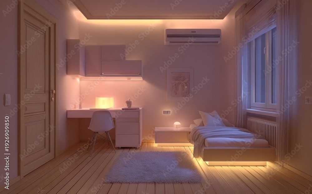 Fototapeta premium A warmly lit bedroom with a desk, bed, and window; soft white and orange tones