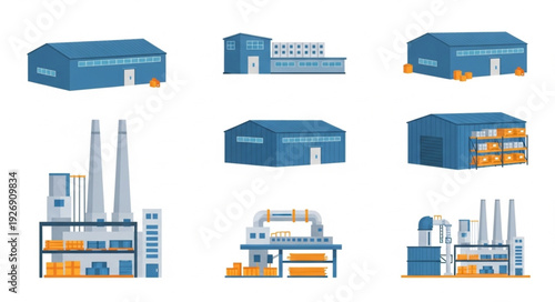 Various industrial buildings and factories showcasing manufacturing and production processes in a complex.