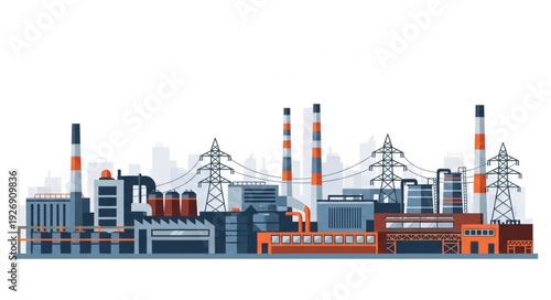 Industrial complex illustration depicting factories, power lines, and infrastructure for energy production.