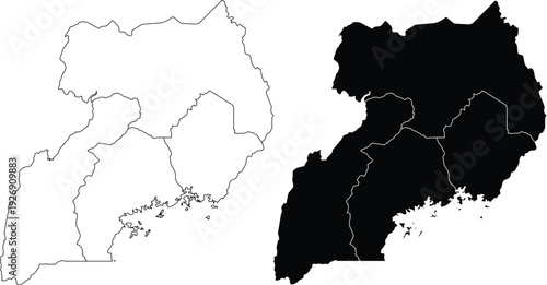 Uganda map with internal divisions and silhouette outline