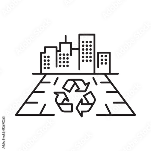 Cityscape atop unstable ground with recycling symbols below