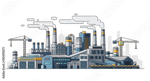 Industrial complex illustration depicting factories and manufacturing plants with smokestacks.