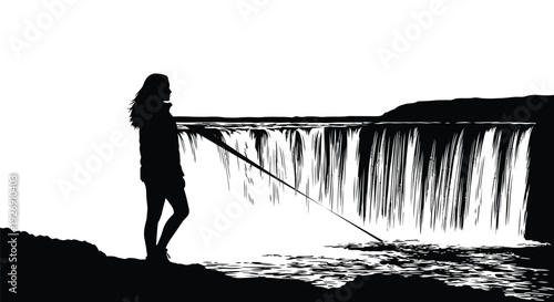 Woman contemplates a cascading waterfall against a bright horizon silhouette