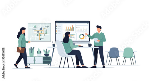 Business meeting with data analysis and presentation.