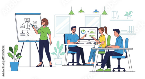 Business meeting with presentation and team collaboration.