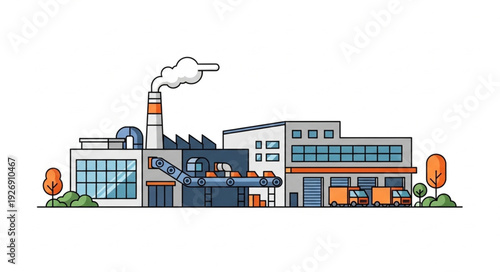 Modern industrial factory building with smokestack emitting pollution into the air.