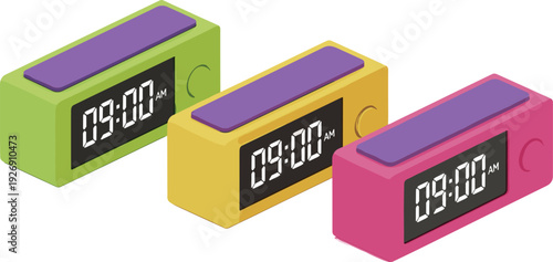 Colorful Isometric Digital Alarm Clock Set with Green Yellow and Pink Desktop Clocks Showing Nine AM for Morning Routine Design