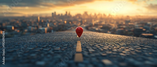 A red marker on an asphalt road overlooking the cityscape symbolises the beginning of a journey towards new goals — an excellent atmospheric backdrop for motivational articles or travel blogs.