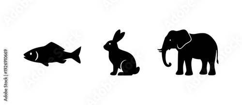 Set of animal silhouettes including fish, rabbit, and elephant, collection of wild and domestic creatures vector.