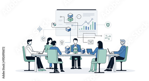 Business meeting with data analysis and technology integration.