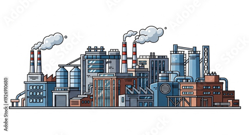 Industrial complex illustration depicting factories and manufacturing plants with smoke stacks.