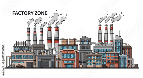 Industrial factory zone with multiple buildings and smoke stacks.