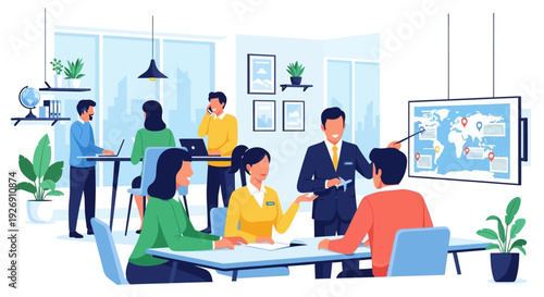 Business meeting with diverse team presenting strategy on screen.