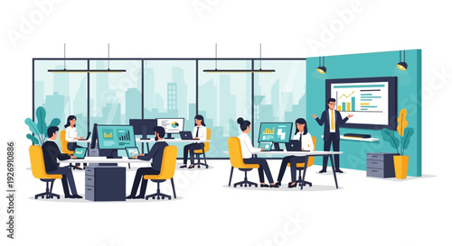 Business meeting with presentation and team collaboration.