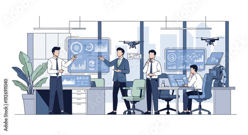 Business professionals collaborating on drone technology innovation.