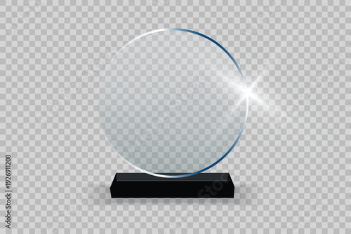Trophy of glass award. Plexi glass award. Plate of acrylic trophy. Stand of crystal for prize of winner. Mockup of realistic of plexiglass for cup of champion. Acrilic badge for win. Vector.