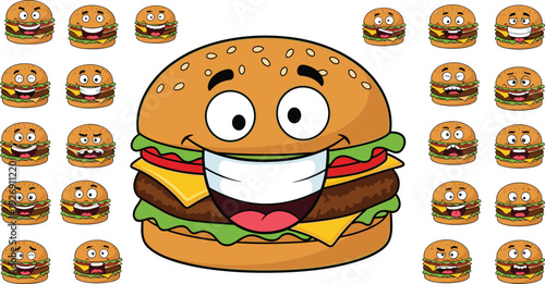Funny cartoon burger character collection featuring a large central cheeseburger and multiple small hamburger icons with different expressive facial expressions on white background