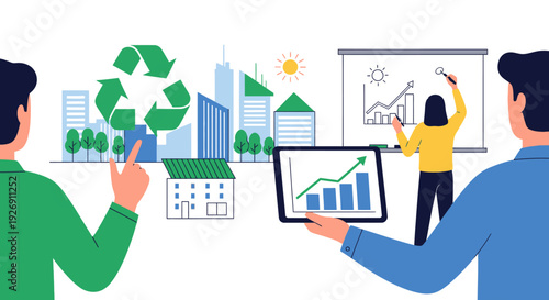 Business professionals discussing sustainable urban development and growth strategies.