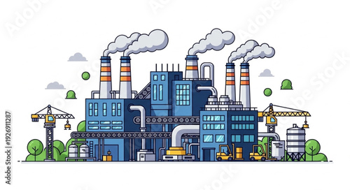 Industrial factory complex with smokestacks emitting pollution into the atmosphere, a visual representation.