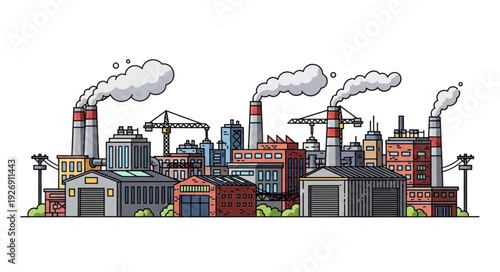 Industrial cityscape with factories and smokestacks emitting pollution into the atmosphere.