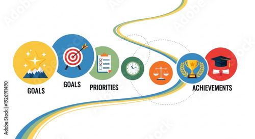 Infographic illustrating goal setting process with icons and colorful road map to success and achievements
