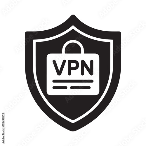 A black shield icon displaying the letters vpn with a padlock