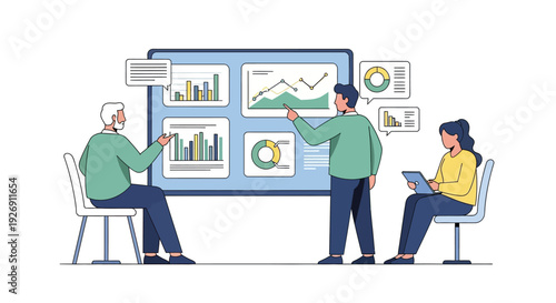 Business meeting with data analysis presentation on screen.