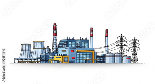 Industrial power plant complex with chimneys and transmission towers generating electricity.