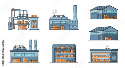 Various industrial buildings and warehouses with goods and storage facilities.