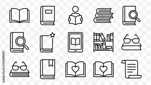 Education and literature line icon collection. Includes book, reading, learning, research, and study symbols. Created in linear style with black color isolated on Transparent Background