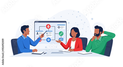 Business meeting with flowchart presentation.