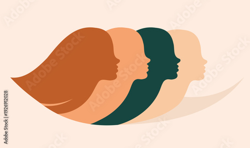 International Women's Day, March 8, Equality Day. Vector silhouettes of different women in profile. Symbol diversity, equality, unity, women's empowerment. For posters, postcards, social media, logos