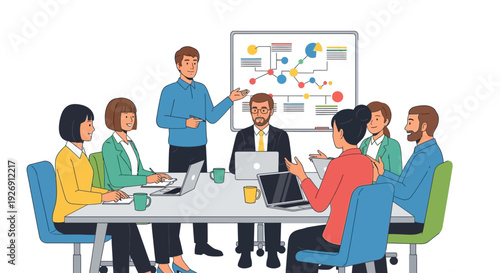 Business meeting presentation with diverse team collaborating effectively.
