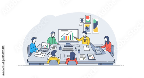 Business Meeting with Data Presentation on Screen.