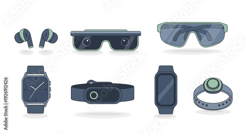 Collection of Modern Wearable Technology Gadgets.
