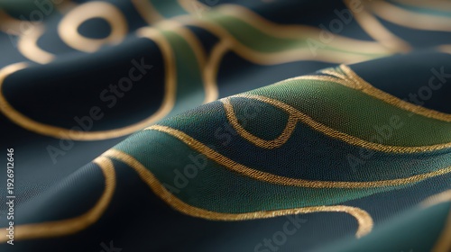 Close Up of Dark Blue Woven Fabric with Teal and Gold Wavy Line Pattern Under Soft Lighting Creates Abstract Background