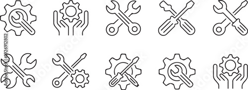 gear repair and maintenance line icons for mechanical and service
