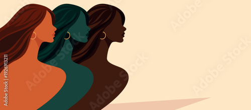 Women's Day, March 8, Equality Day. Vector silhouettes of different women ethnic groups, skin tones in profile. Diversity, equality, unity, women's empowerment. For posters, postcards, social networks