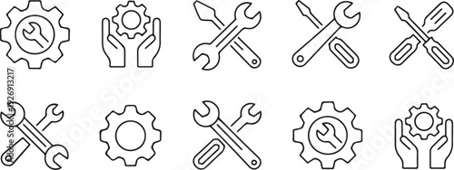 gear maintenance icons set line art tools repair service symbols