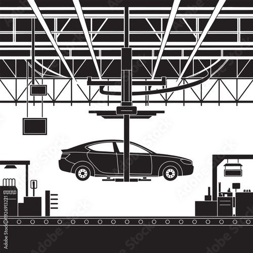 A stylized illustration of a car undergoing maintenance in an auto shop