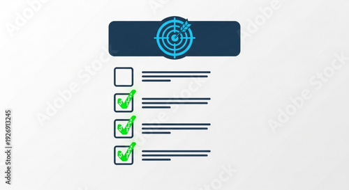 Checklist with green checked boxes and blue target symbol on dark background representing task completion and goal achievement