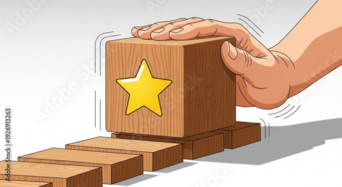 Hand placing wooden block with yellow star causing domino effect on stacked blocks