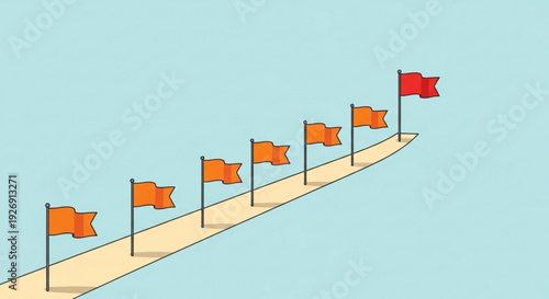 Business strategy and leadership concept with a row of orange flags leading to a single red flag on a winding path
