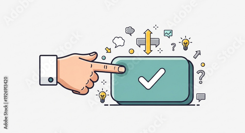 Hand clicking button with checkmark surrounded by floating icons and symbols