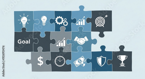 Business strategy puzzle pieces with goals targets and success symbols in shades of blue