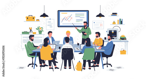 Business meeting with team discussing strategy on whiteboard.