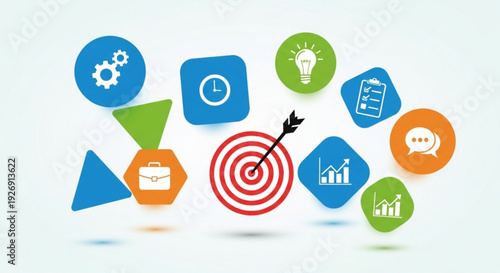 Business strategy and goals concept with target and various icons floating around on light background