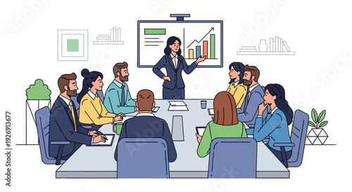 Business meeting with diverse team and presenter showing growth chart.