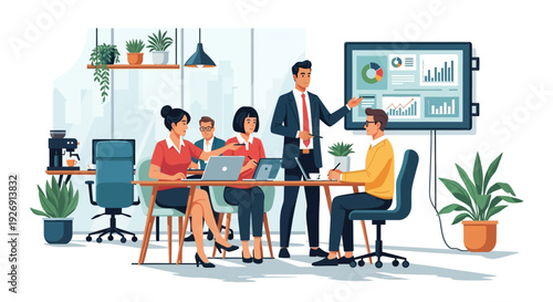 Business meeting with team presenting data on screen.