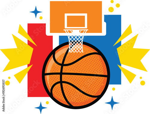 Basketball Hoop and Ball Pop Art Style Vector Illustration, Colorful Sports Background with Dynamic Shapes and Stars